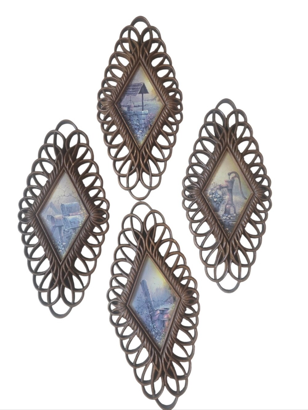 Lot of 4 Vintage Burwood #1350 Diamond Shaped Wall Hanging Home  Decor Plaques